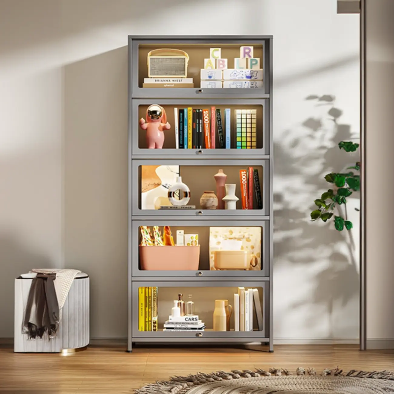 Floor Standing Modern 5-Tier Flip-Top Glass Display Cabinet Image - 17 | homeyfad