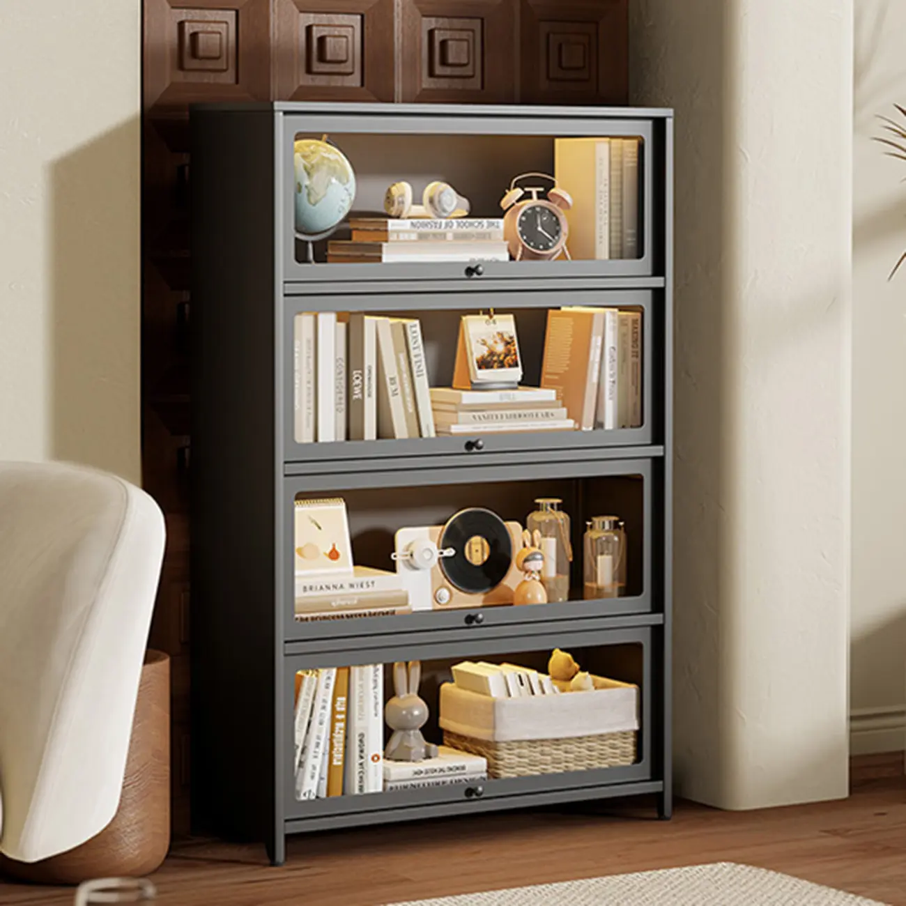 Floor Standing Modern 5-Tier Flip-Top Glass Display Cabinet Image - 18 | homeyfad