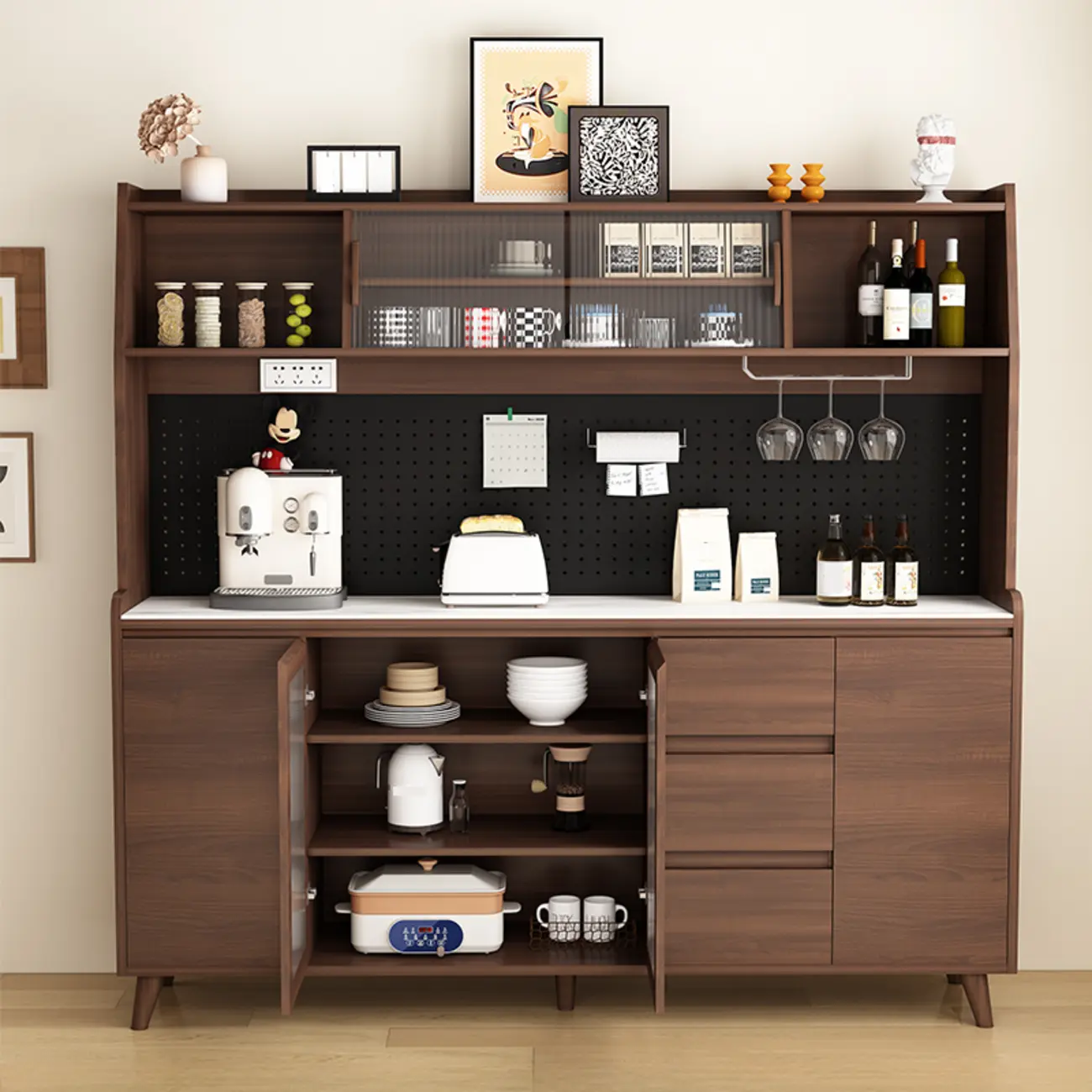 Wide Brown Wooden Pegboard Back Sideboard with Hutch Image - 2 | homeyfad