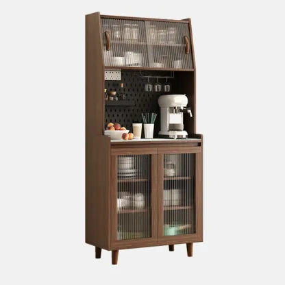 Wide Brown Wooden Pegboard Back Sideboard with Hutch Image - 11