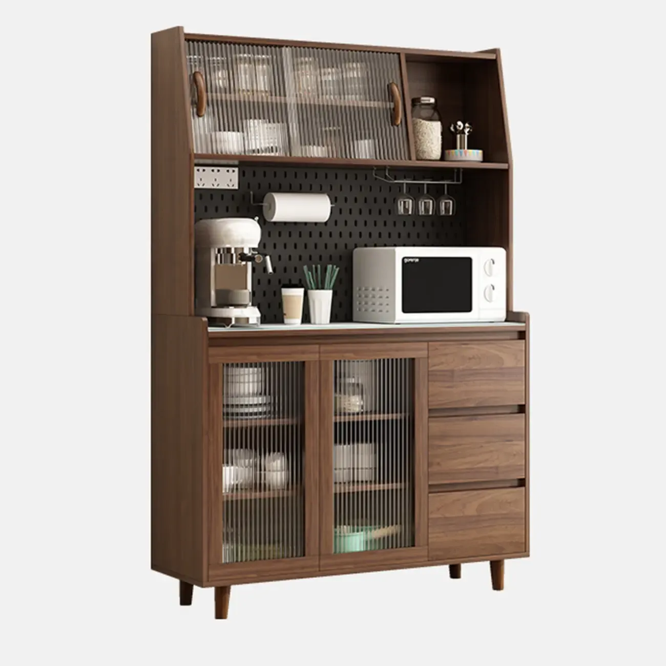 Wide Brown Wooden Pegboard Back Sideboard with Hutch Image - 12