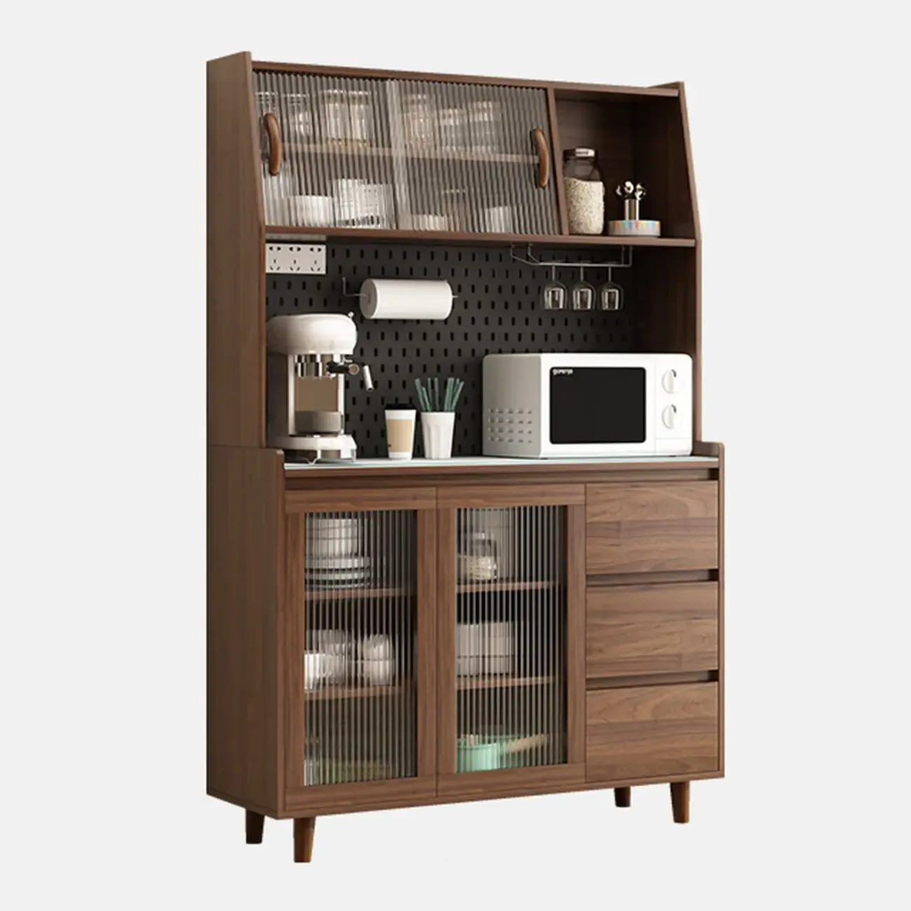 Wide Brown Wooden Pegboard Back Sideboard with Hutch Image - 13