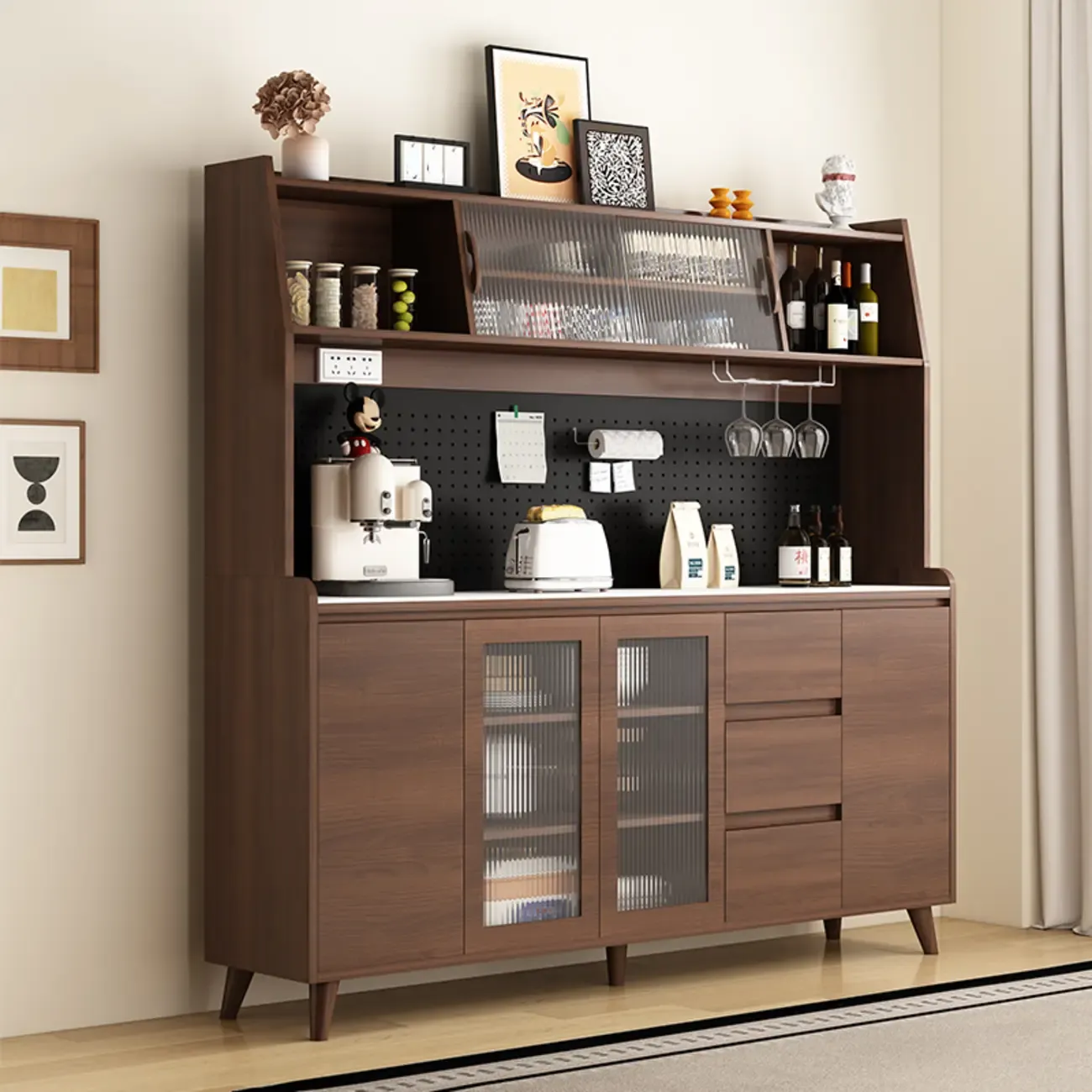 Wide Brown Wooden Pegboard Back Sideboard with Hutch Image - 1