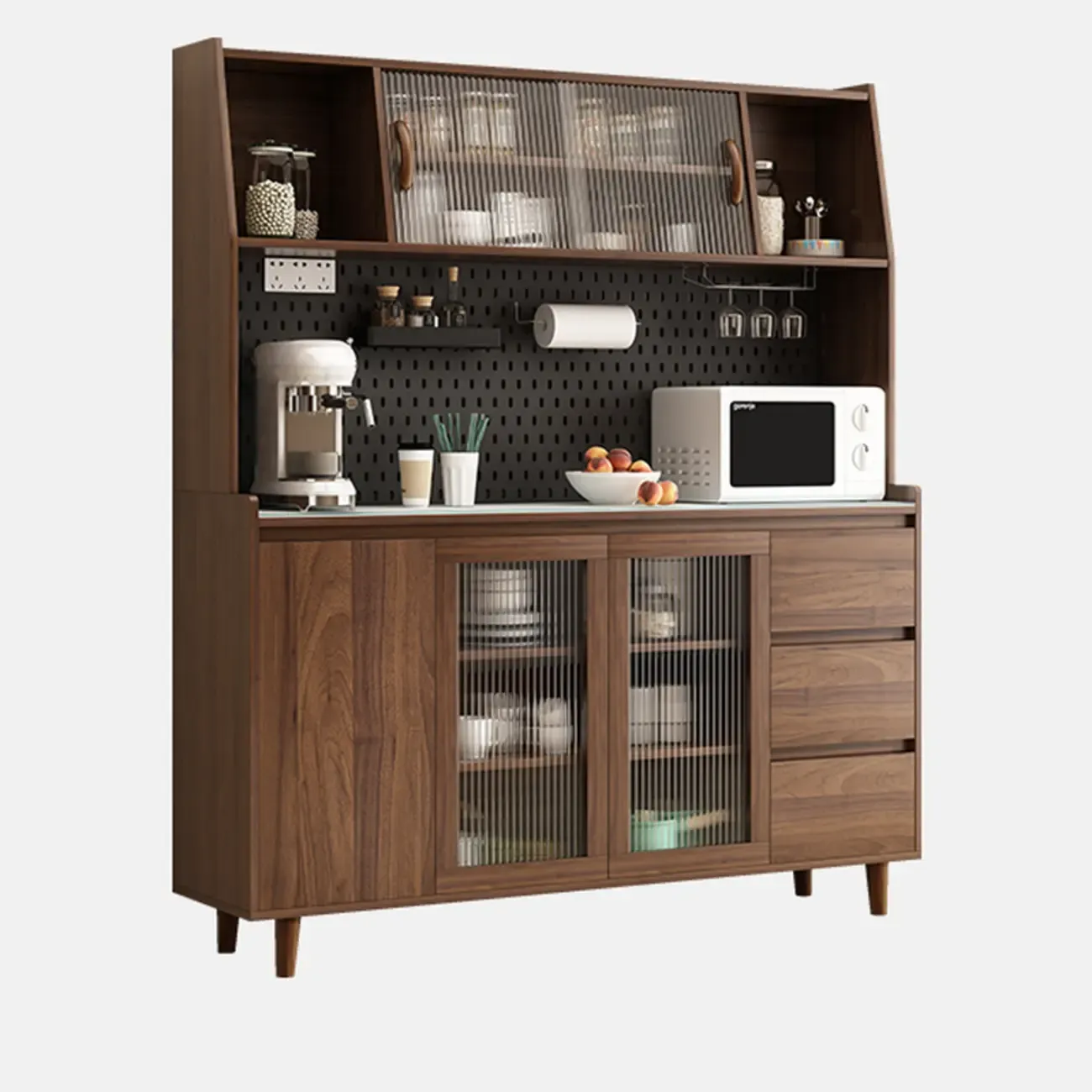 Wide Brown Wooden Pegboard Back Sideboard with Hutch Image - 14