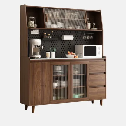 Wide Brown Wooden Pegboard Back Sideboard with Hutch Image - 14