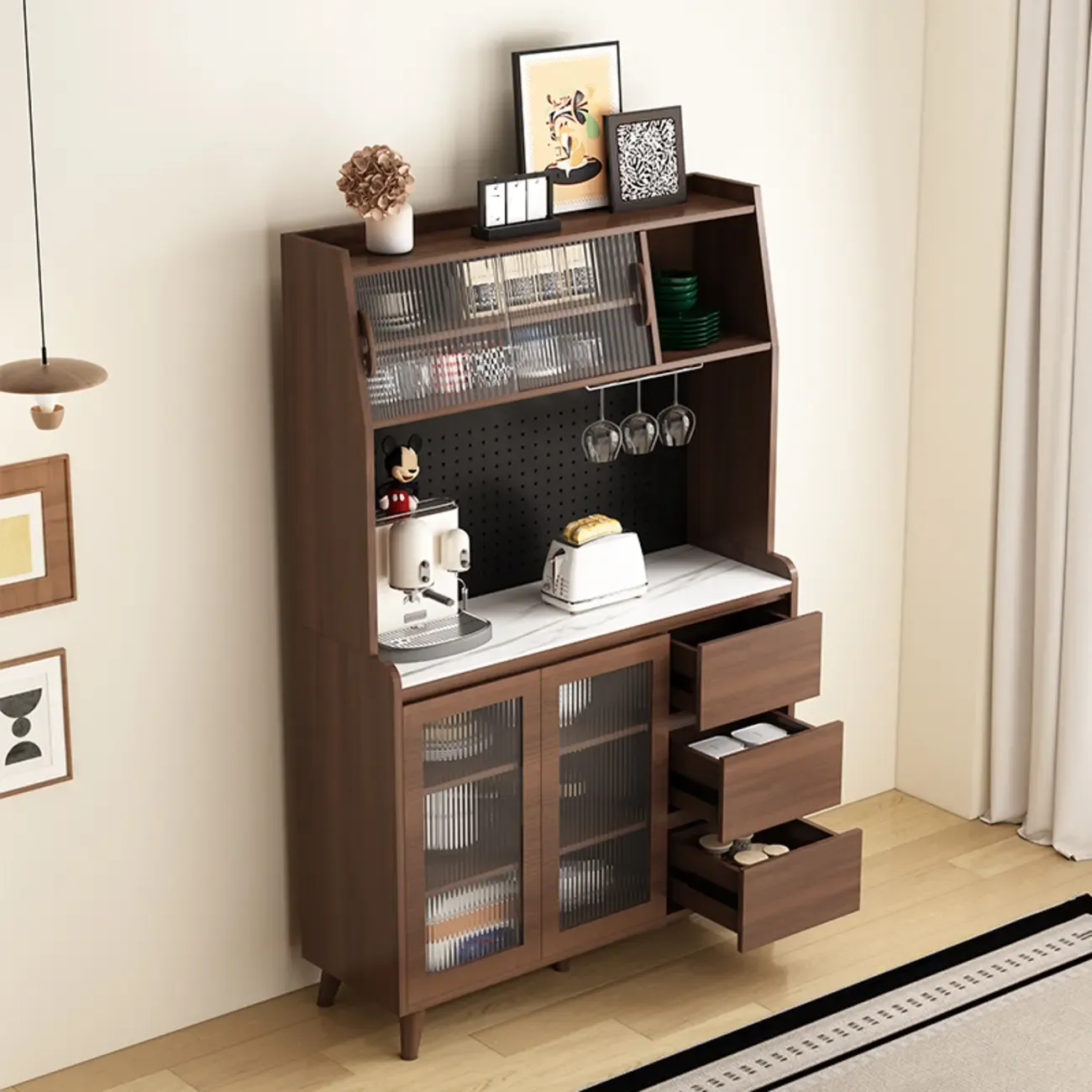 Wide Brown Wooden Pegboard Back Sideboard with Hutch Image - 3