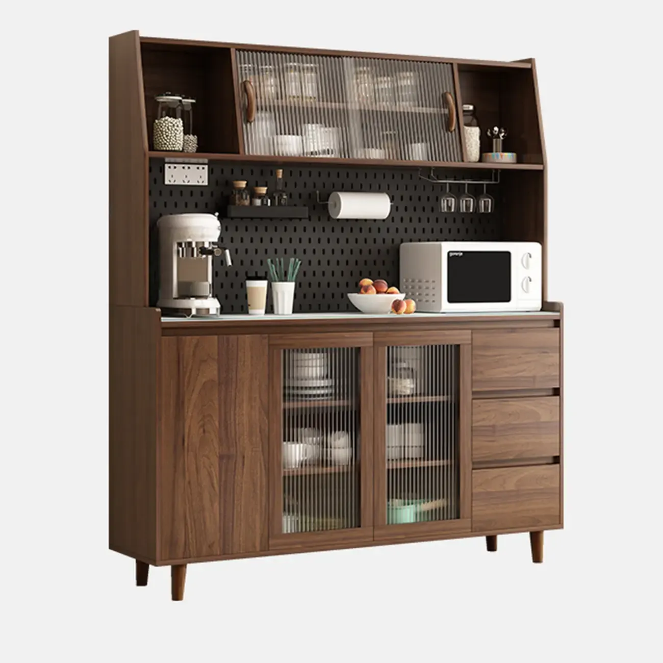 Wide Brown Wooden Pegboard Back Sideboard with Hutch Image - 15