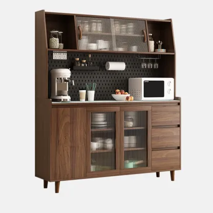 Wide Brown Wooden Pegboard Back Sideboard with Hutch Image - 15