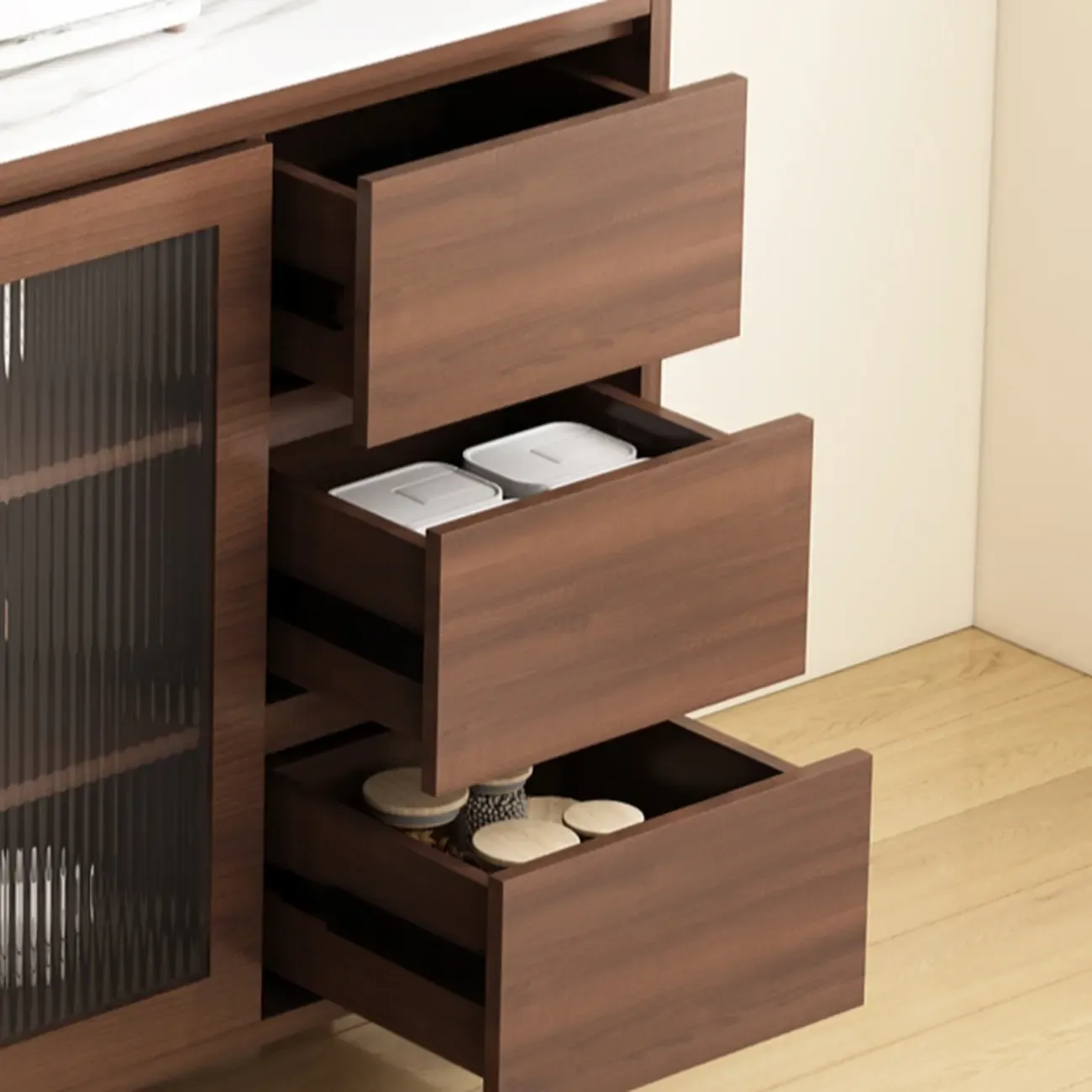 Wide Brown Wooden Pegboard Back Sideboard with Hutch Image - 5