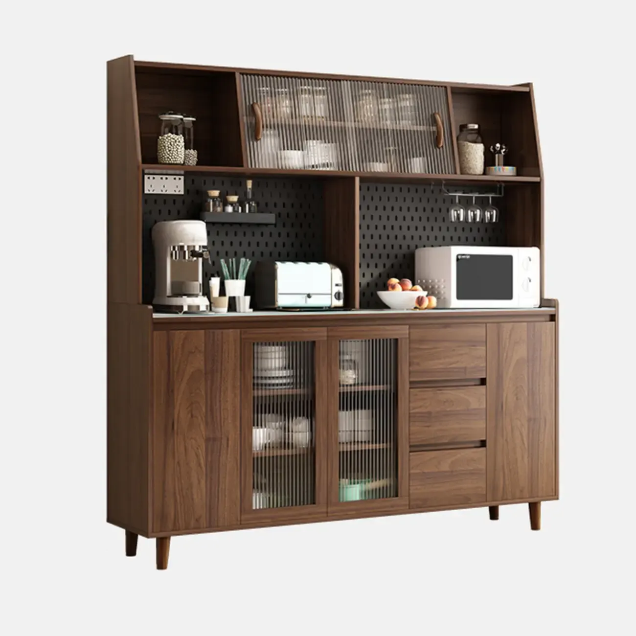 Wide Brown Wooden Pegboard Back Sideboard with Hutch Image - 16