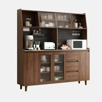 Wide Brown Wooden Pegboard Back Sideboard with Hutch Image - 16