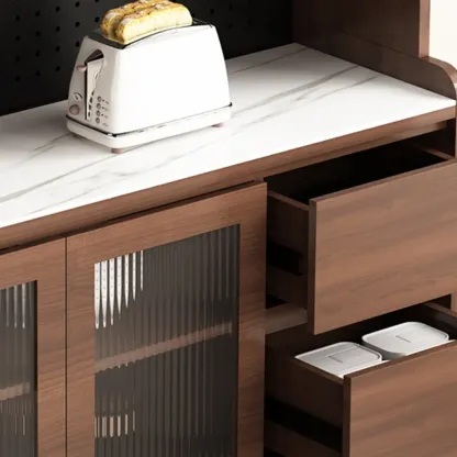 Wide Brown Wooden Pegboard Back Sideboard with Hutch Image - 7