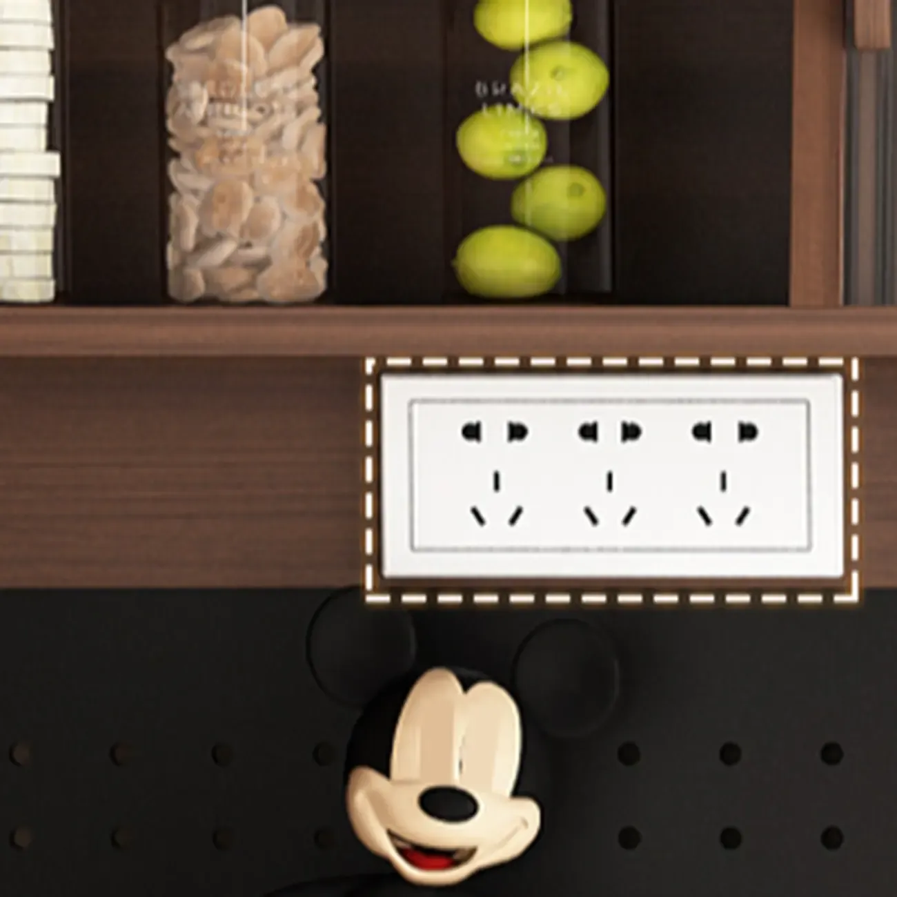 Wide Brown Wooden Pegboard Back Sideboard with Hutch Image - 8