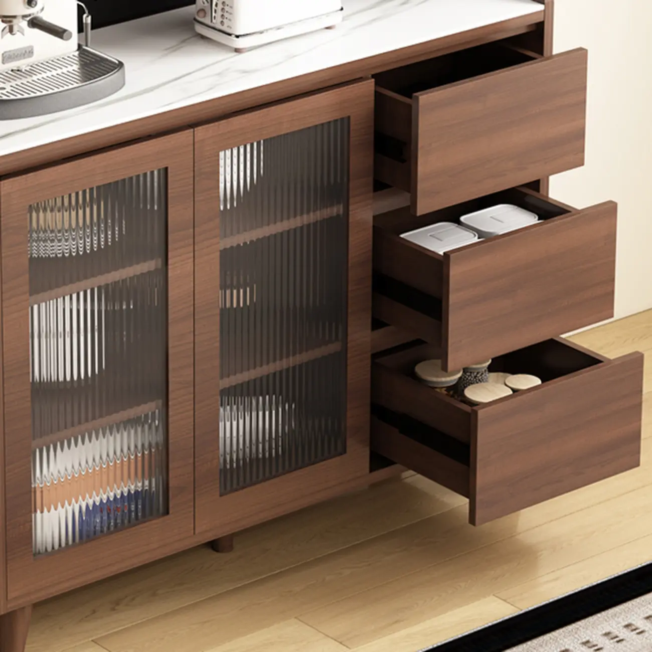 Wide Brown Wooden Pegboard Back Sideboard with Hutch Image - 9 | homeyfad