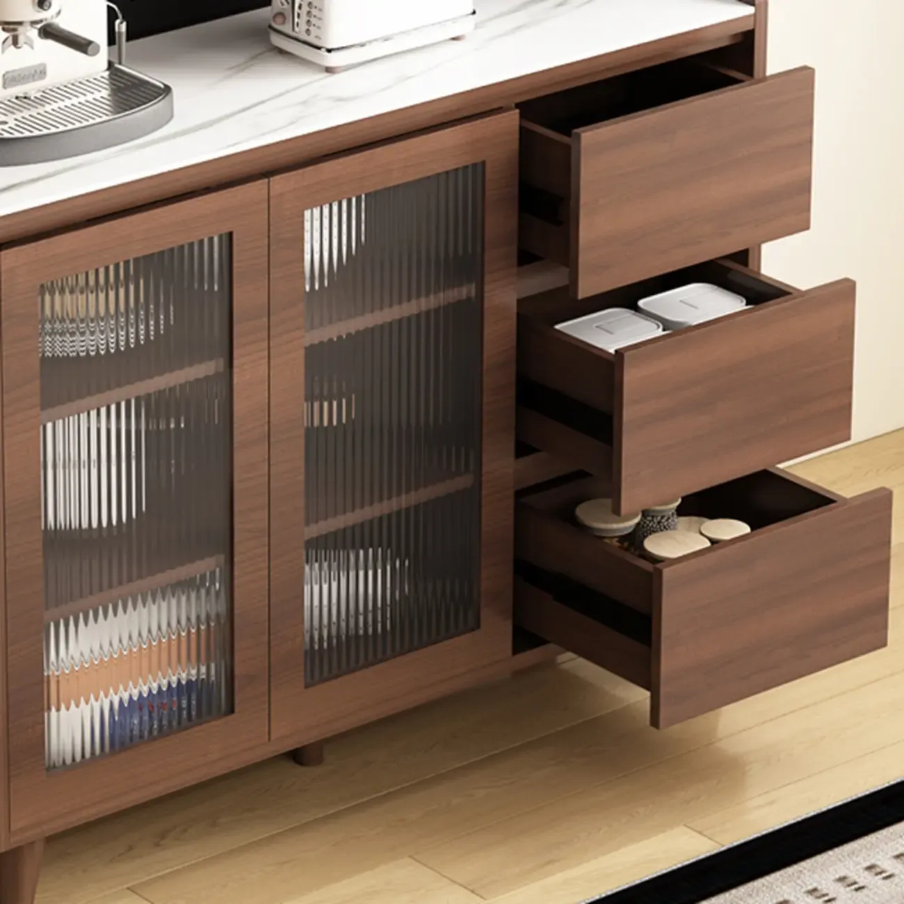 Wide Brown Wooden Pegboard Back Sideboard with Hutch Image - 9