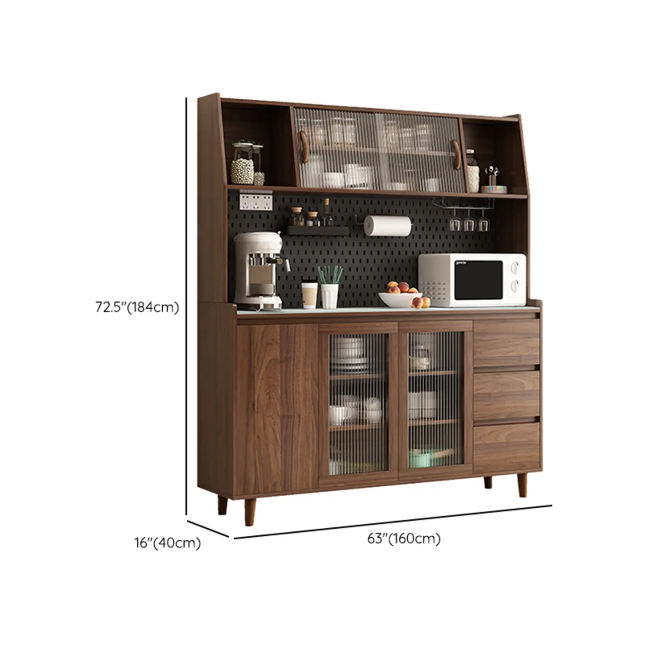 Wide Brown Wooden Pegboard Back Sideboard with Hutch Image - 18 | homeyfad