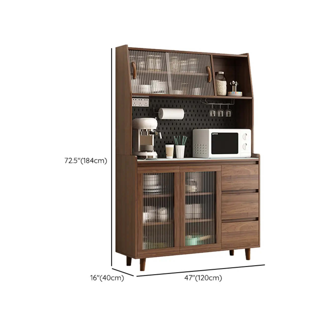 Wide Brown Wooden Pegboard Back Sideboard with Hutch Image - 21 | homeyfad