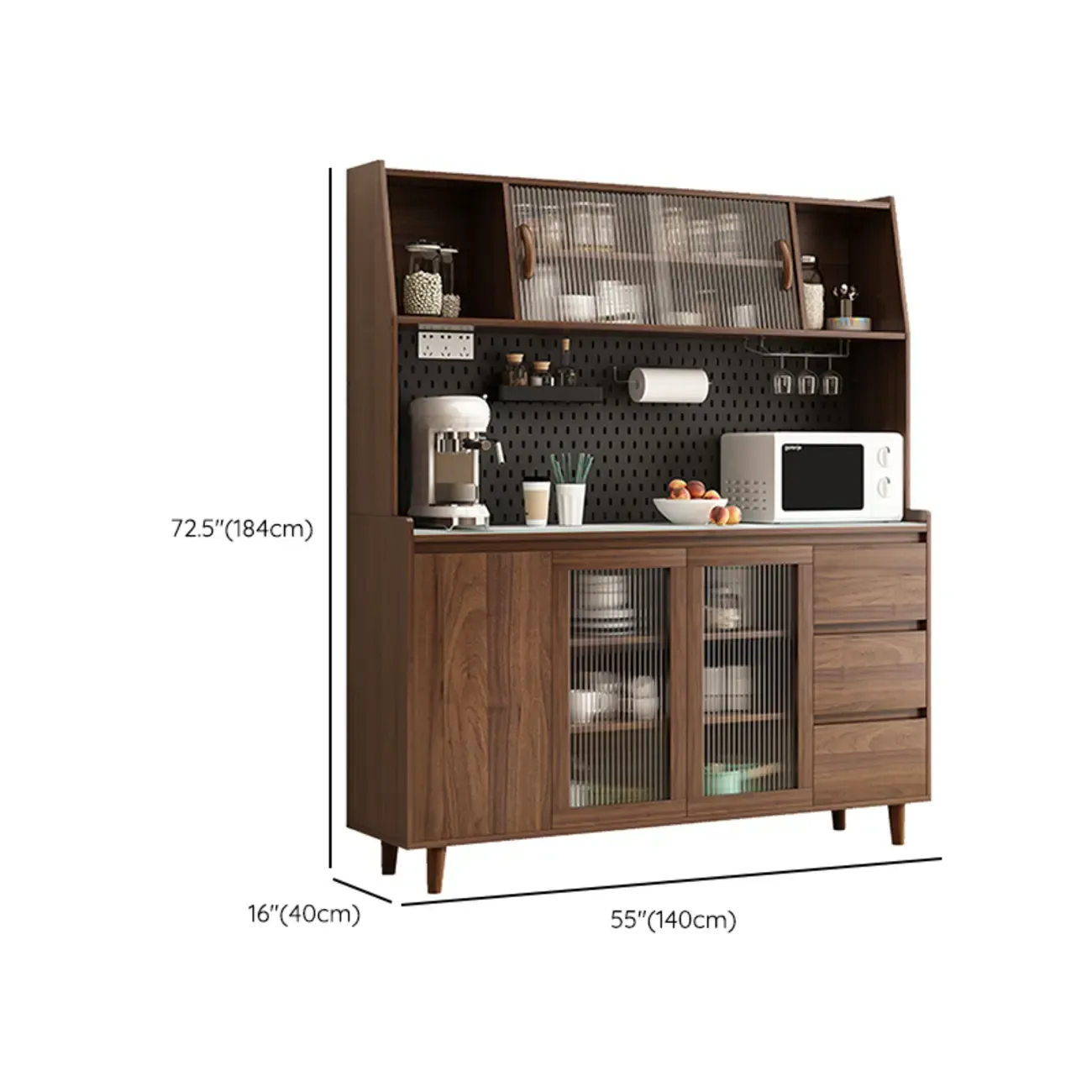 Wide Brown Wooden Pegboard Back Sideboard with Hutch Image - 22