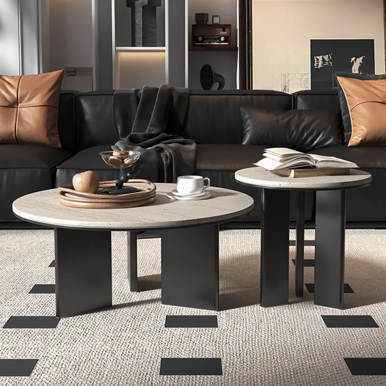 Minimalist Beige Travertine Round Coffee Table in Wood Base Image - 1 | homeyfad