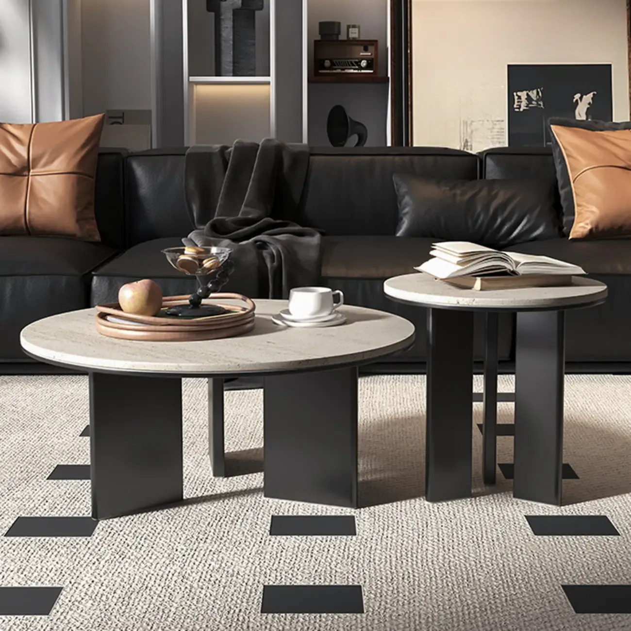 Minimalist Beige Travertine Round Coffee Table in Wood Base Image - 1