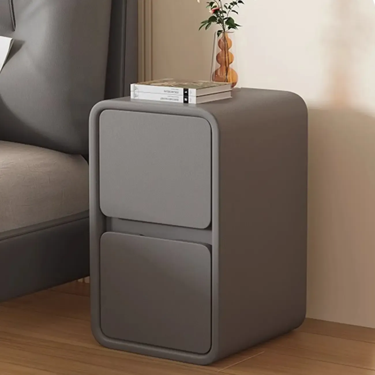 Simplistic 2 Tiers Vinyl Leather Nightstand with Drawer Storage Image - 5