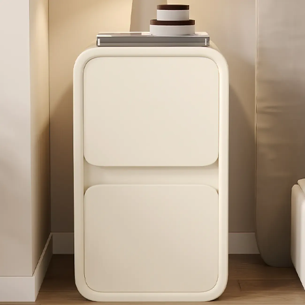 Simplistic 2 Tiers Vinyl Leather Nightstand with Drawer Storage Image - 4