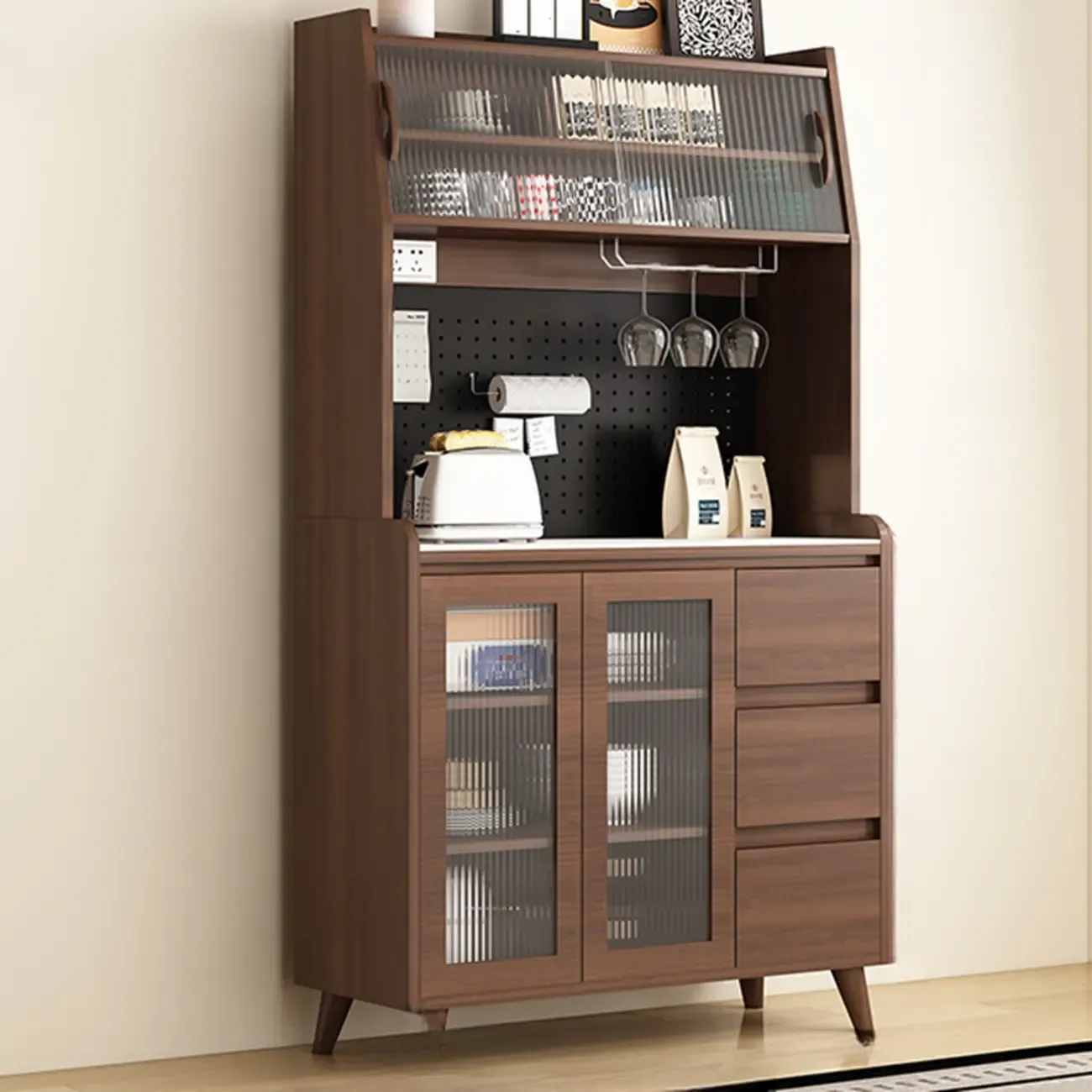 Kitchen Brown Wood Storage Sideboard with Drawer Image - 3