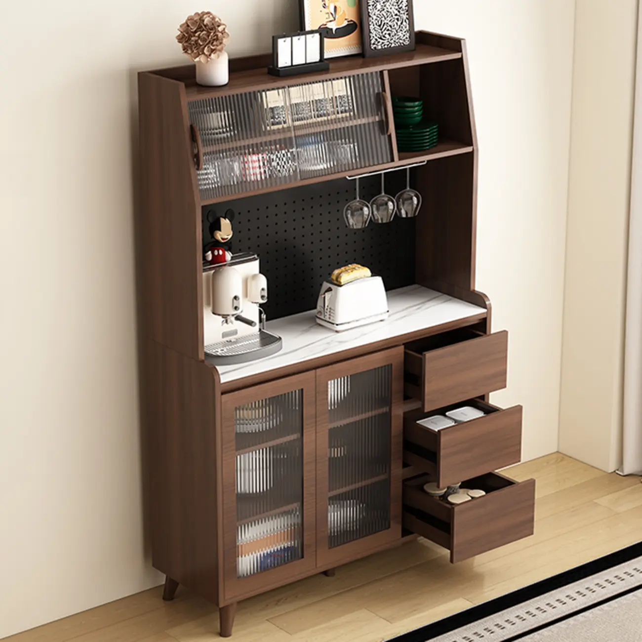 Kitchen Brown Wood Storage Sideboard with Drawer Image - 8 | homeyfad