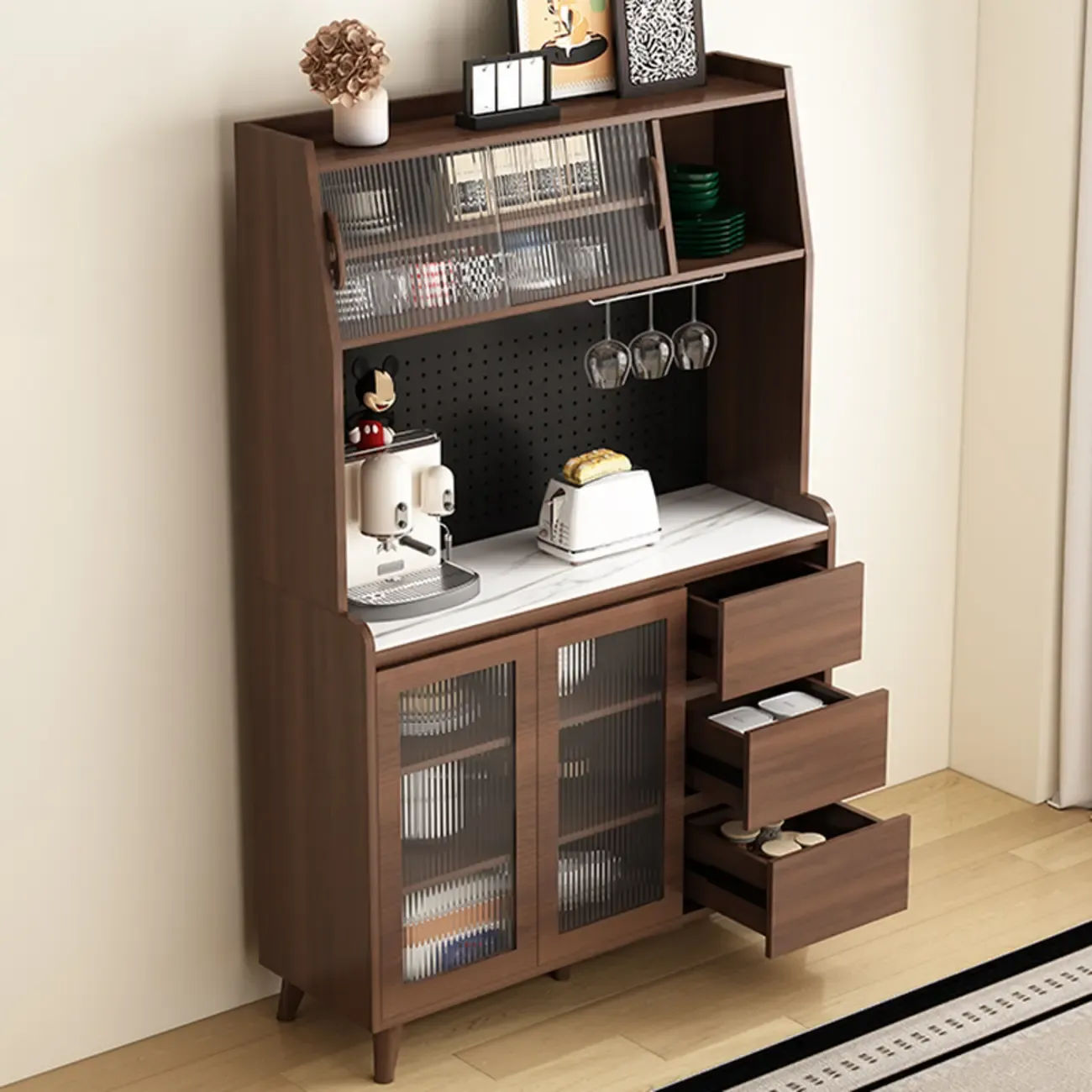 Kitchen Brown Wood Storage Sideboard with Drawer Image - 8