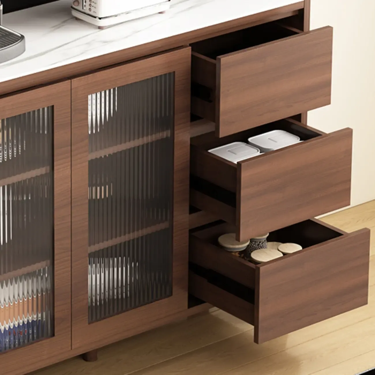 Kitchen Brown Wood Storage Sideboard with Drawer Image - 9