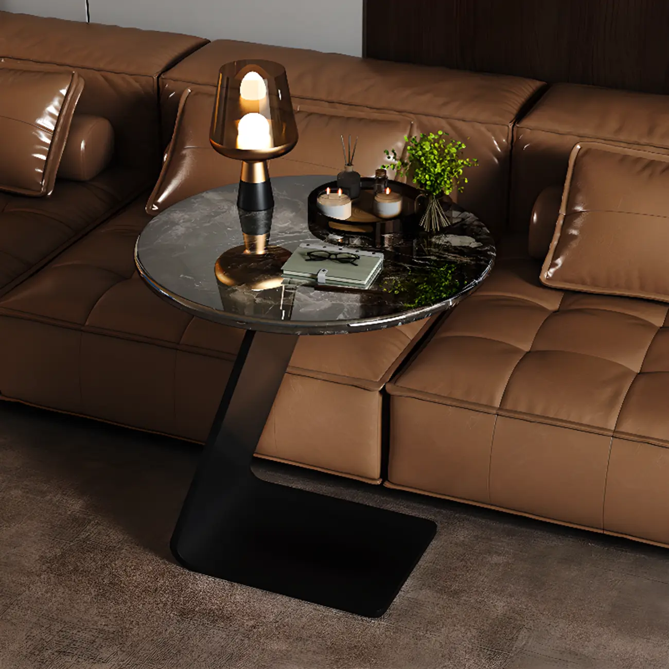 Black C-shaped Round Marble Top Living Room Side Table Image - 1 | homeyfad