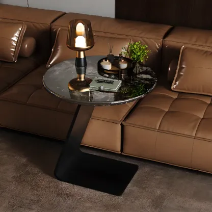 Black C-shaped Round Marble Top Living Room Side Table Image - 1