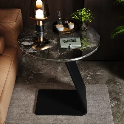 Black C-shaped Round Marble Top Living Room Side Table Image - 2