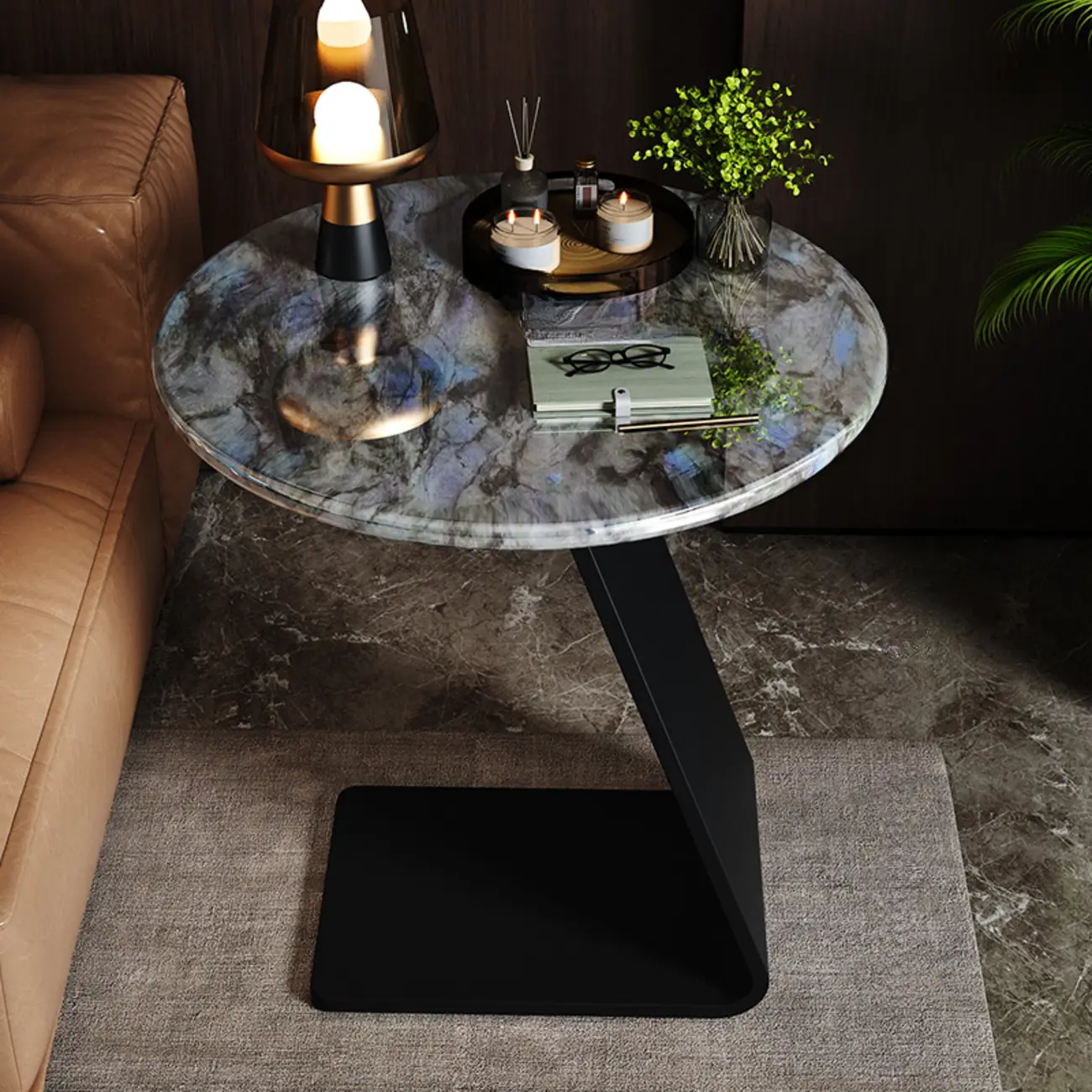 Black C-shaped Round Marble Top Living Room Side Table Image - 3 | homeyfad