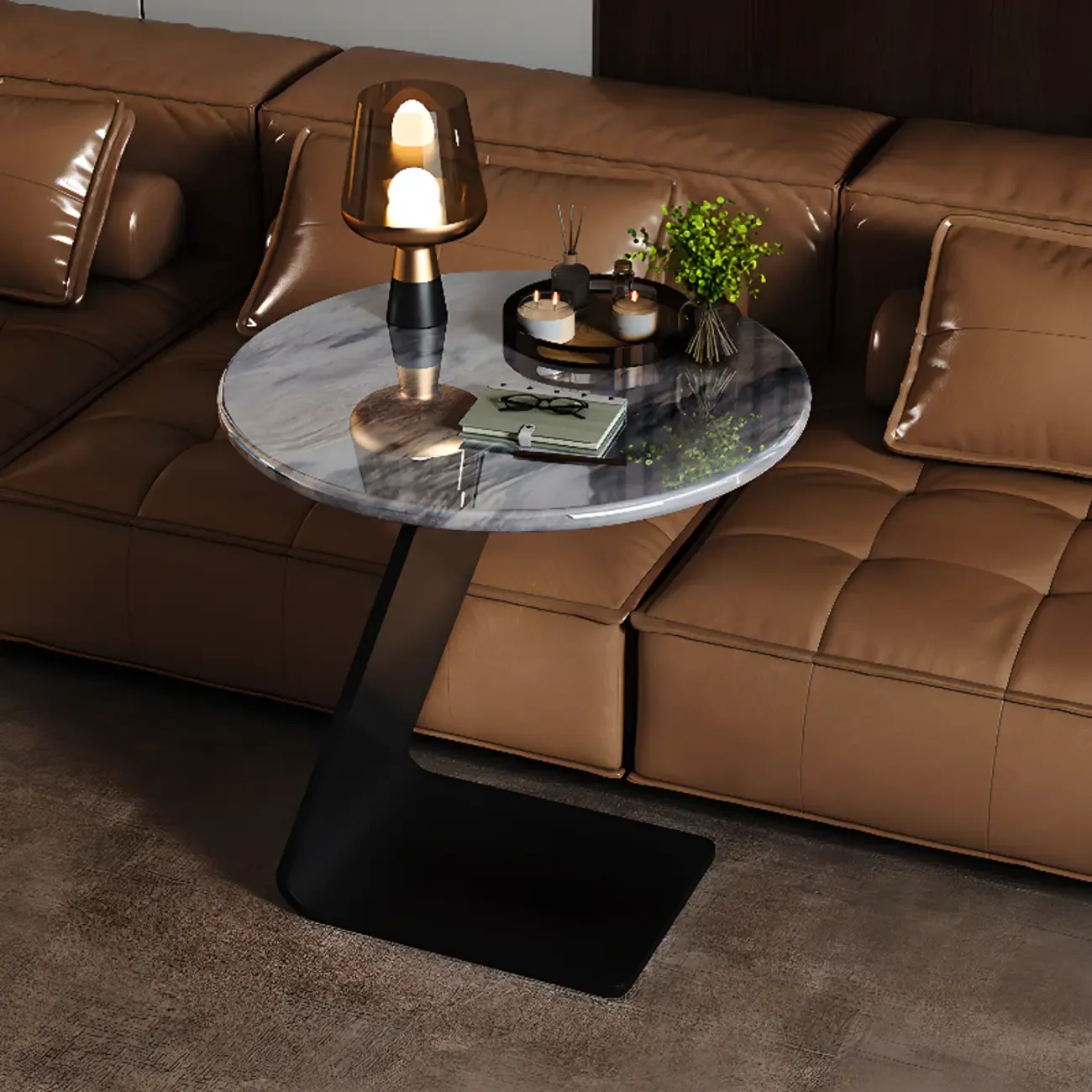 Black C-shaped Round Marble Top Living Room Side Table Image - 4
