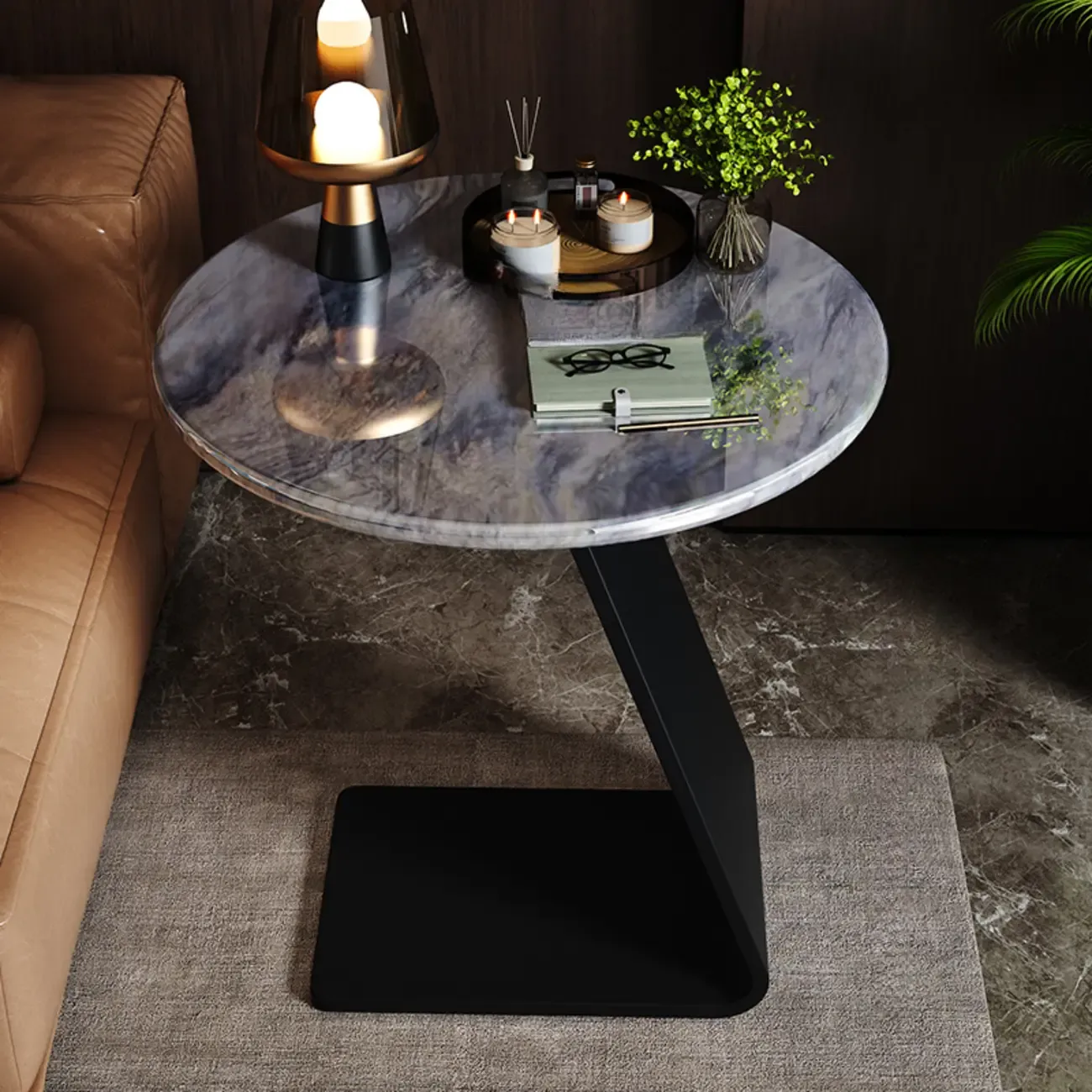 Black C-shaped Round Marble Top Living Room Side Table Image - 5