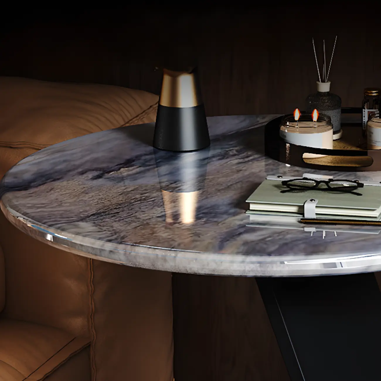 Black C-shaped Round Marble Top Living Room Side Table Image - 8 | homeyfad