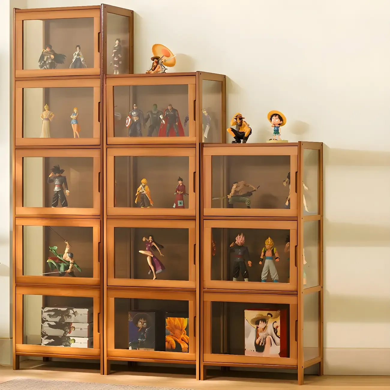 Modern Bamboo Tall Curio Cabinet with Glass Doors Image - 1