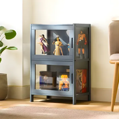 Modern Bamboo Tall Curio Cabinet with Glass Doors Image - 16