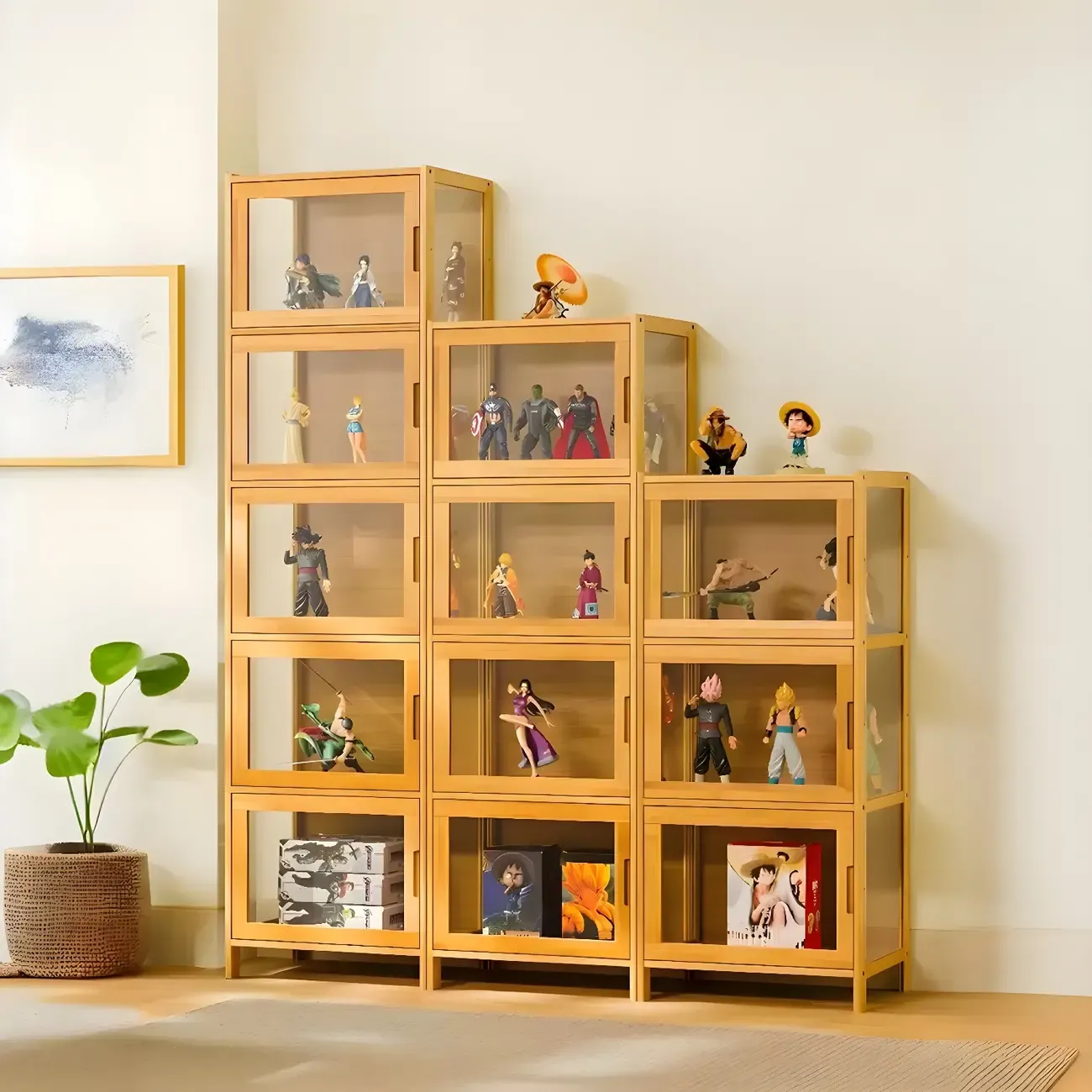 Modern Bamboo Tall Curio Cabinet with Glass Doors Image - 2