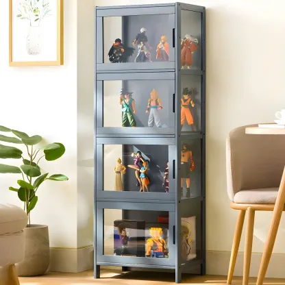 Modern Bamboo Tall Curio Cabinet with Glass Doors Image - 10