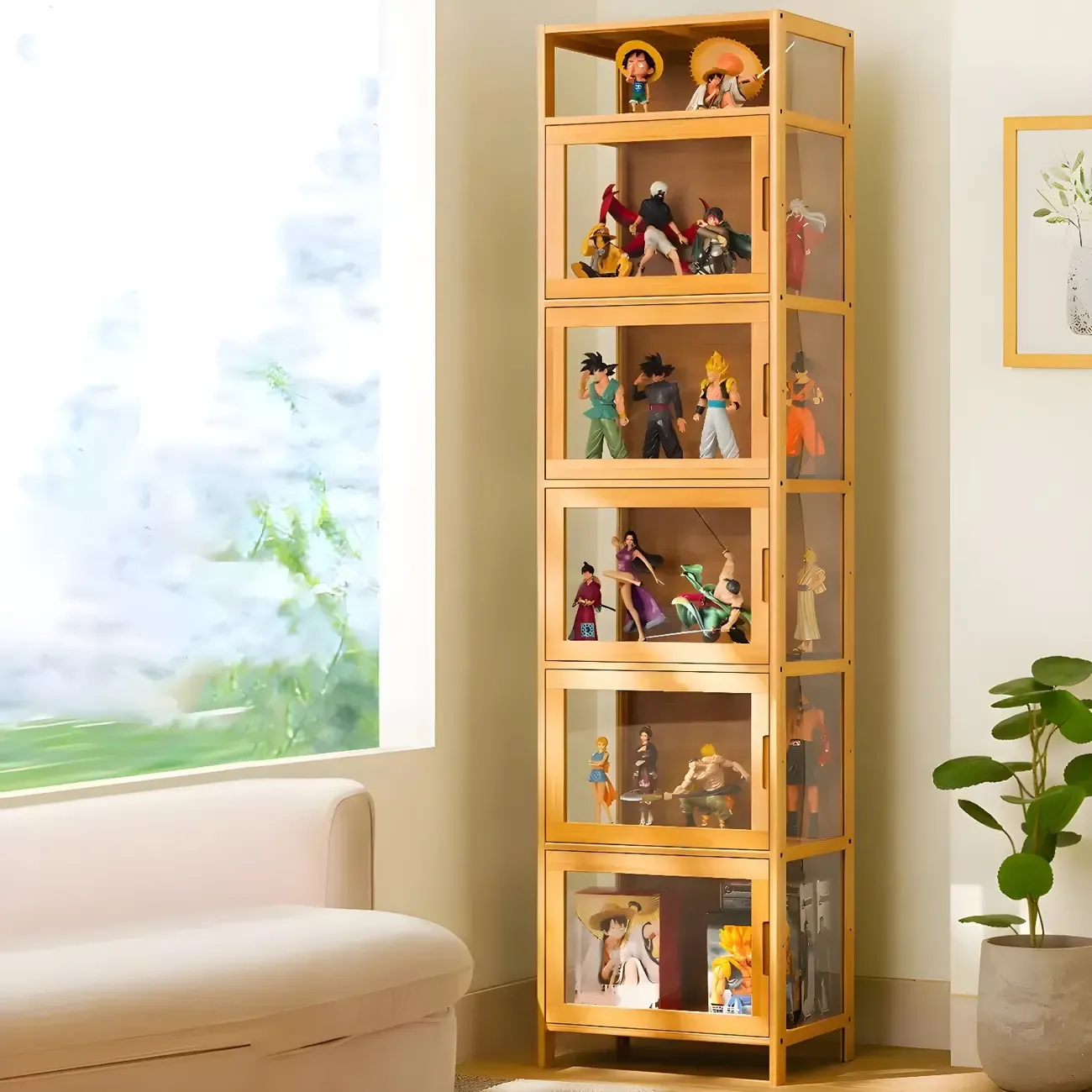 Modern Bamboo Tall Curio Cabinet with Glass Doors Image - 4