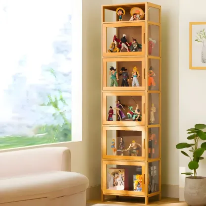 Modern Bamboo Tall Curio Cabinet with Glass Doors Image - 4