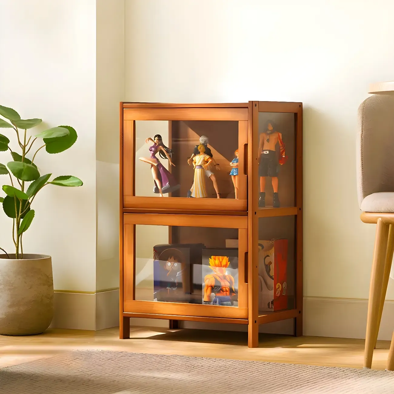Modern Bamboo Tall Curio Cabinet with Glass Doors Image - 17