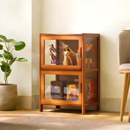 Modern Bamboo Tall Curio Cabinet with Glass Doors Image - 17
