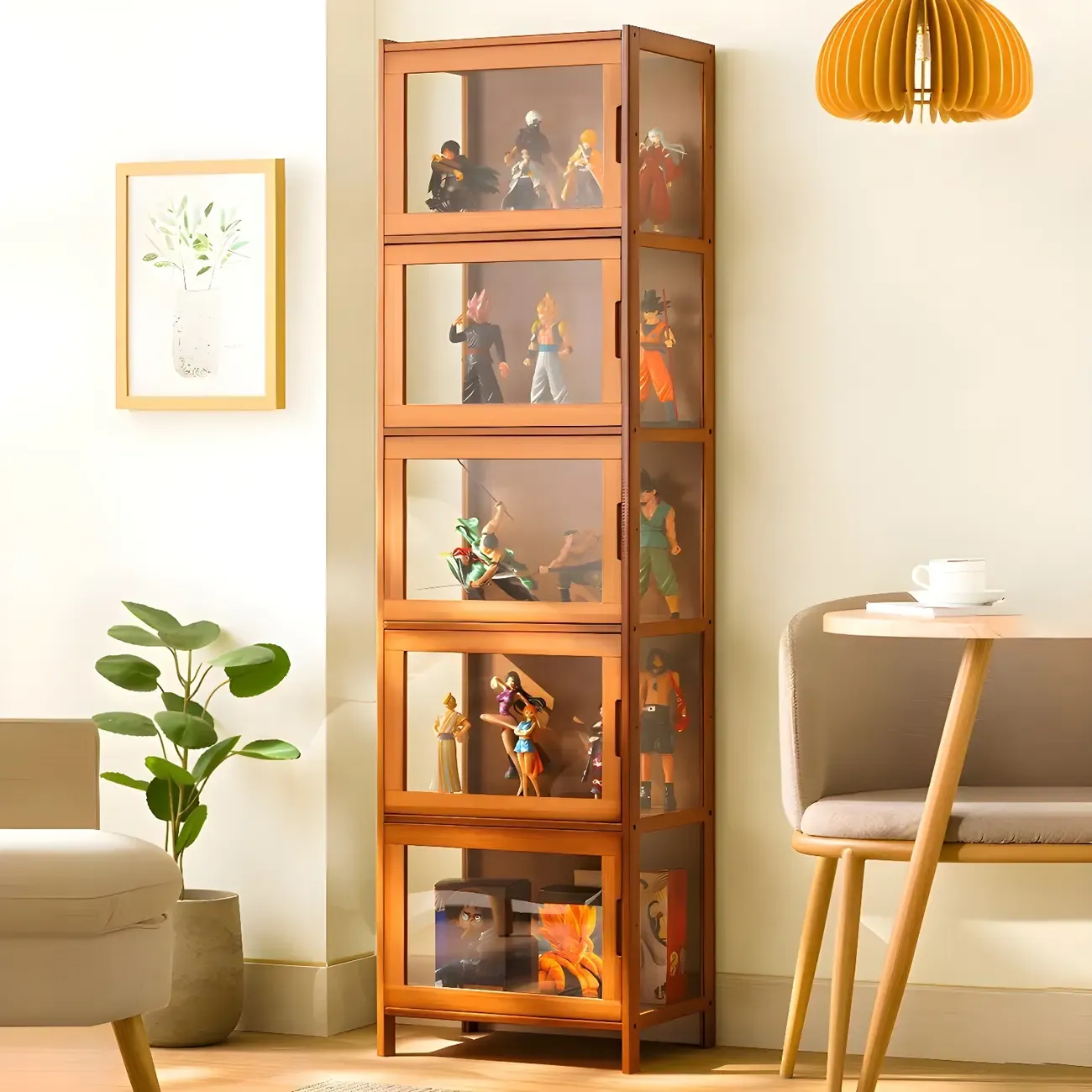Modern Bamboo Tall Curio Cabinet with Glass Doors Image - 7