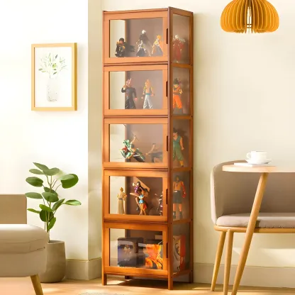 Modern Bamboo Tall Curio Cabinet with Glass Doors Image - 7