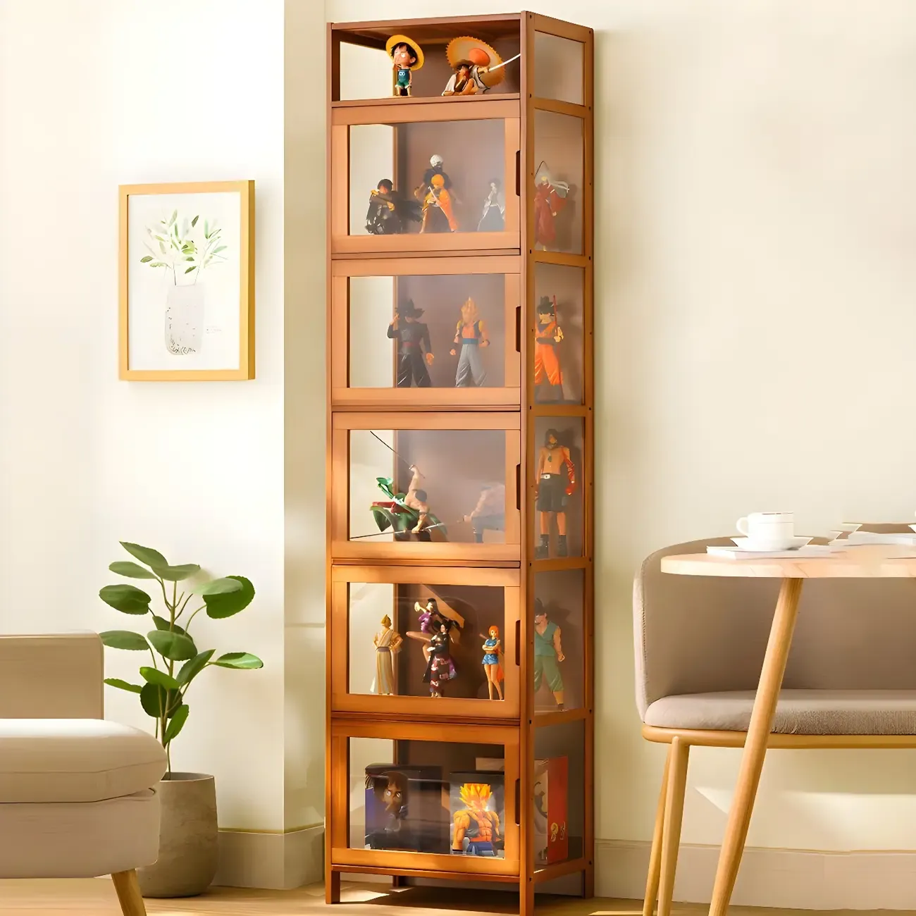 Modern Bamboo Tall Curio Cabinet with Glass Doors Image - 9