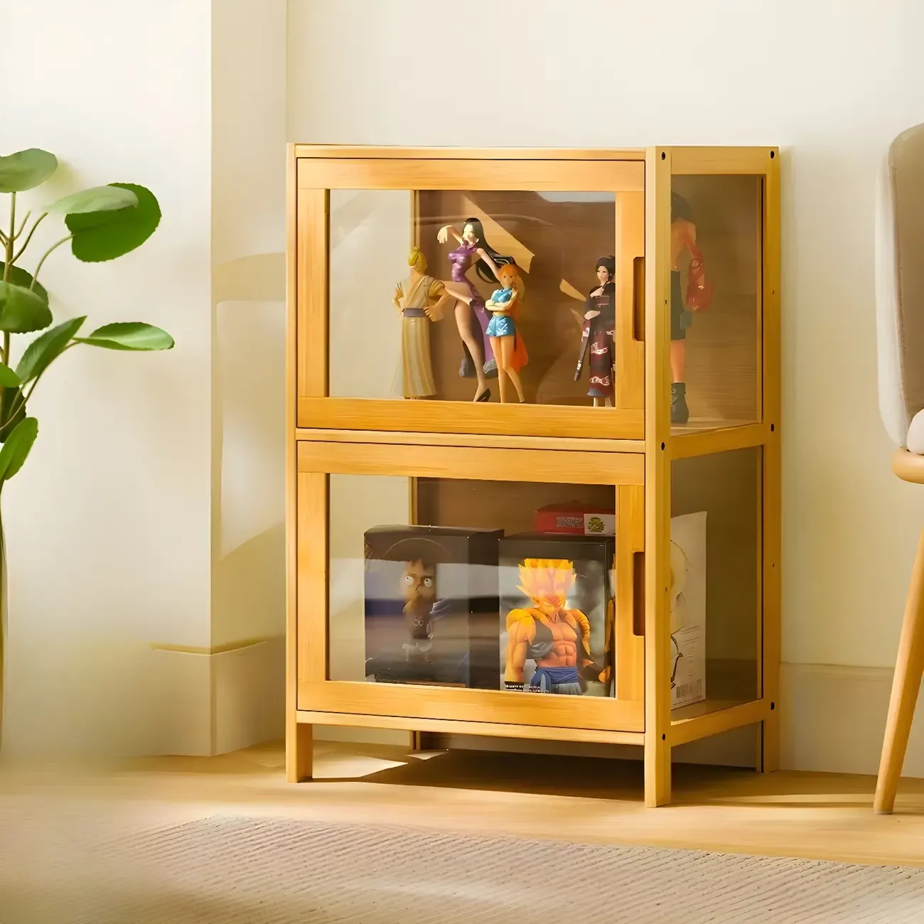 Modern Bamboo Tall Curio Cabinet with Glass Doors Image - 21