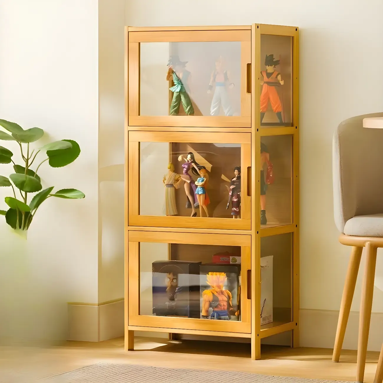 Modern Bamboo Tall Curio Cabinet with Glass Doors Image - 15